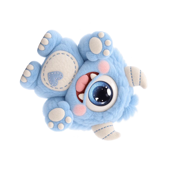 Blue one-eyed plush creature showing its soft paws