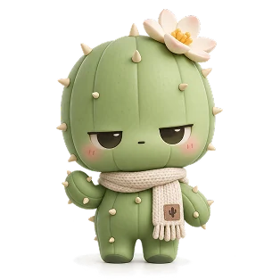 Green cactus character with a white flower and a cream scarf