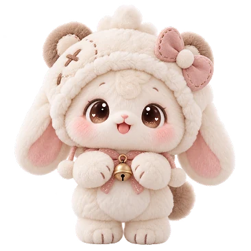 Cream plush bunny with a pink bow and a little bell