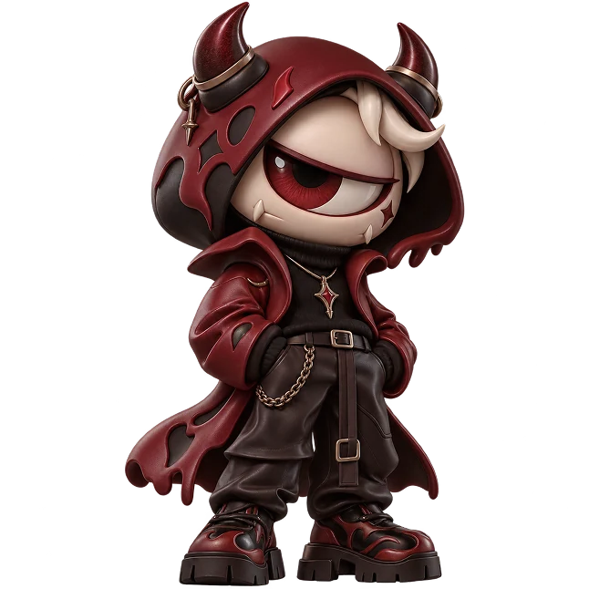 One-eyed character in a red and black coat with a horned hood