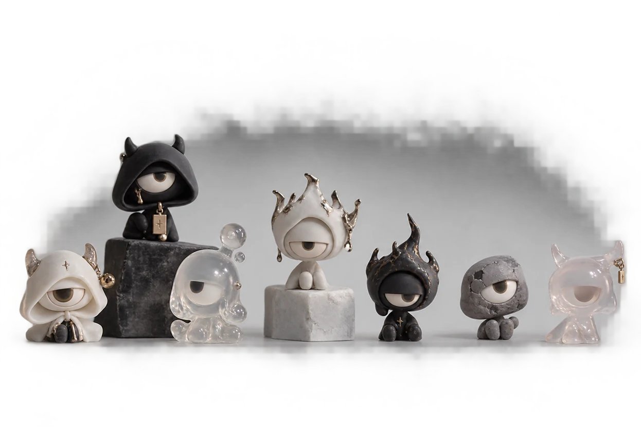 Seven one-eyed characters with black and white hoods, translucent bubbles, silver, black and gold, and stone textures