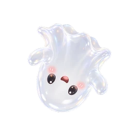 Translucent little spirit with a pearly sheen and pink cheeks