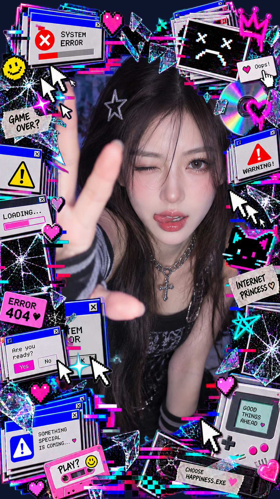 Love Error 404 frame with a blue and purple pixel interface